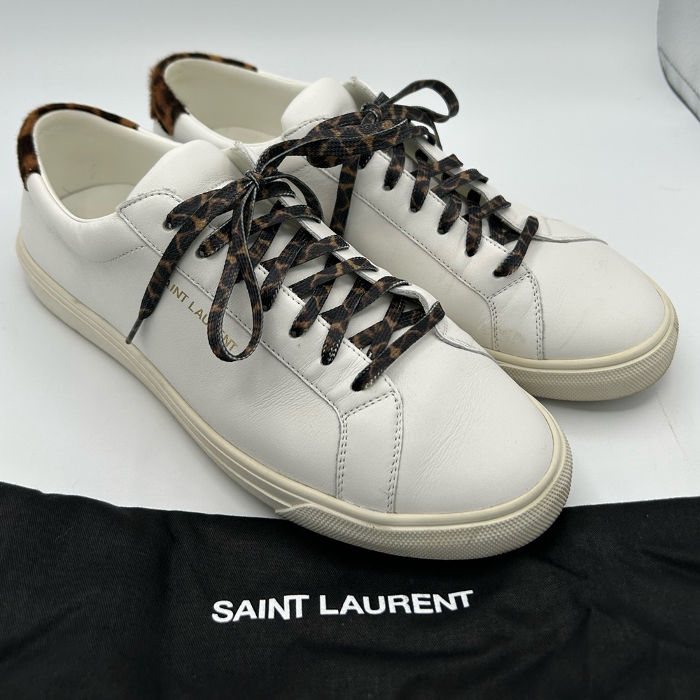 Saint Laurent Sz 39 White Sneakers Shoes Leopard Print Laces Designer Luxury